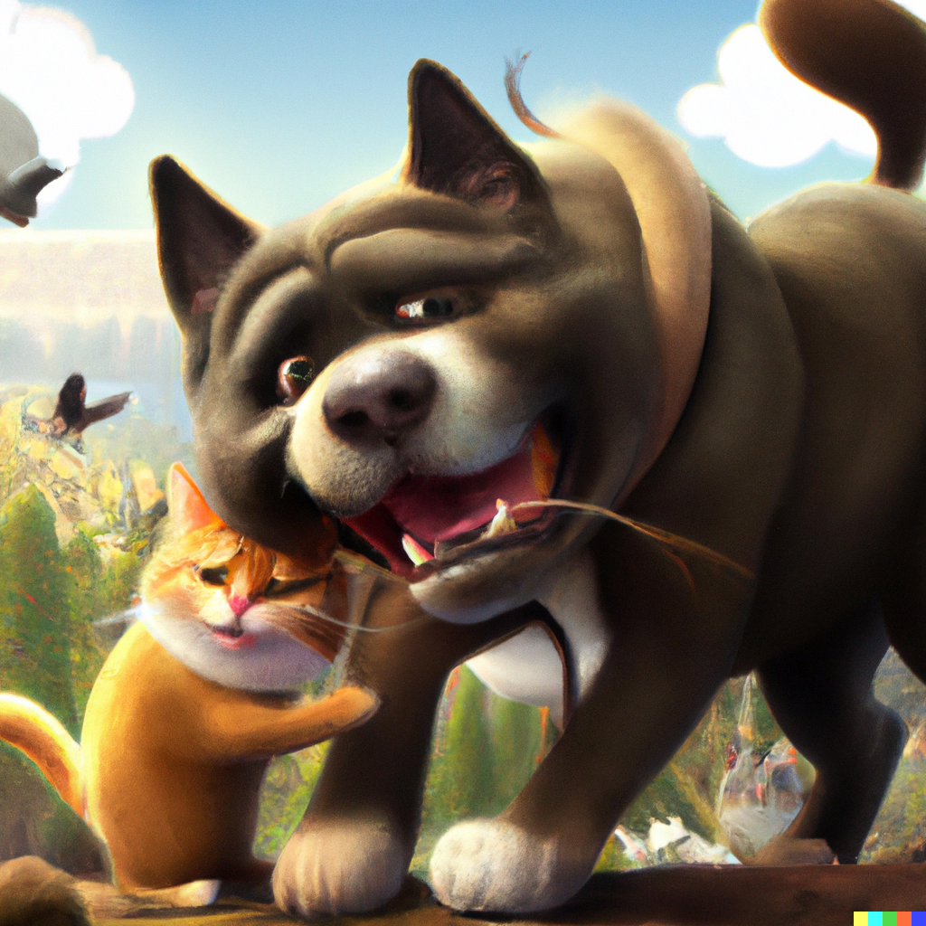 Product Two V1 Alien Big Dogs Running Around Playfully While Dancing And Prancing About With Cats