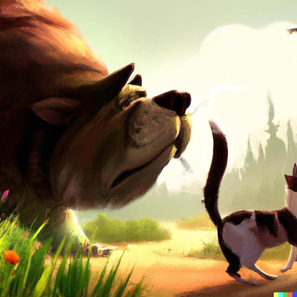 Product Two V1 Alien Big Dogs Running Around Playfully While Dancing And Prancing About With Cats