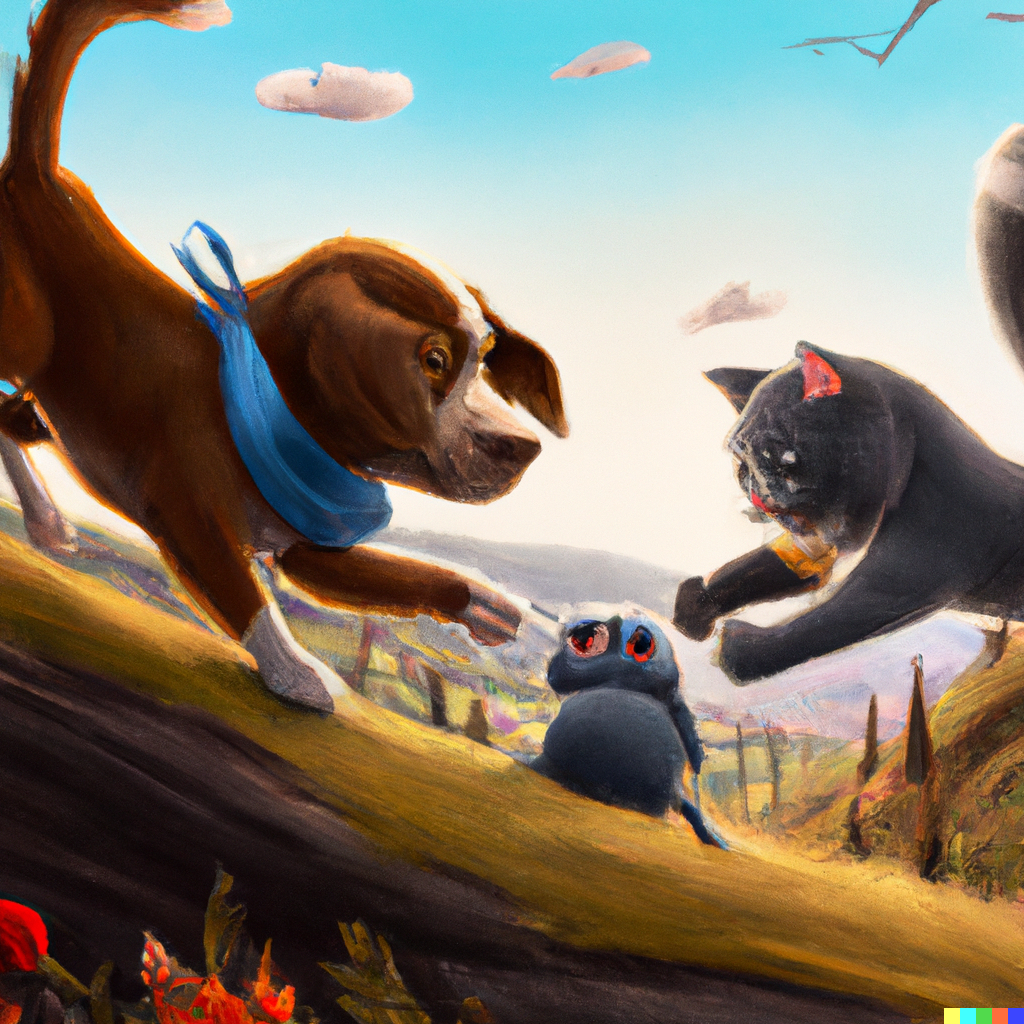 Product Two V1 Alien Big Dogs Running Around Playfully While Dancing And Prancing About With Cats